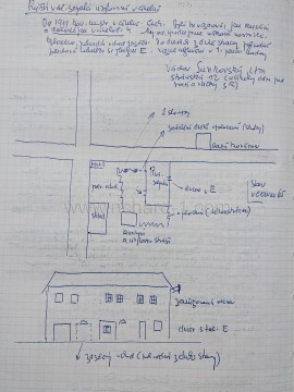 Stránka z deníku Stanislava Hrušky. Nákres s vyznačením části areálu litoměřické cihelny, kde jsou zakresleny budovy pro ubytování válečných zajatců.