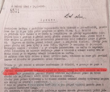 15. 10. 1956. Výňatek ze zprávy o prohlídce dolu Richard I. V textu je první zmínka o výstavbě betonového vjezdu do štoly.