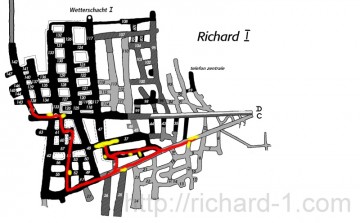 Označení trasy na mapě. Červeně označena cesta přesunu lidí a materiálu. Žlutě je označeno místo natáčení.