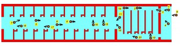 Orientační půdorys transformátorové stanice. Jednotlivá čísla na nákresu odpovídají číslování u níže uvedených fotografií.