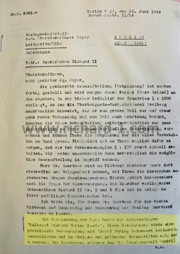 Fotokopie originálního dokumentu. Informace od Dr. Köhlera z Berlína Meyerovi z 16. června 1944. Köhler sděluje, že požadovaná prostorová uspořádání (plány) byly právě dokončeny a odjedou zítra kurýrem, protože mají pouze půdorys 1:1000. (viz i poznámka o prvotním rozdělení níže) Oficiální důlní úřad ve Freibergu výslovně naznačuje, že měření je hrubé a z velké části jde o částečný odhad. Nákres inženýrských sítí (potrubí) je nezávazný (vytvořen) také dle odhadu, jelikož neměli v ruce plán inženýrských rozvodů. Pokud obdrží plán průzkumu 1:100, bude vše velmi rychle zpracováno. Dr. Gaertner dorazí ve středu příštího týdne a promluví si s vámi o problémech. Účelem schůzky je také otázka dodávek plynu. Prosím o obstarání ubytování pro Dr. Gaertnera – v noci ze středy na čtvrtek a pátek. Dále navrhuje používat označení „Kalspat Richard Höring K.G.“, které by vyloučilo poštovní záměnu s „Josef Höring Betonwerk Leitmeritz“. (Pozn. Překlad textu je pouze přibližný