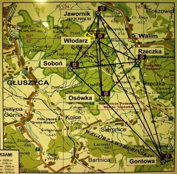 Mapa komplexu Riese. Objekt Włodarz je označen žlutou šipkou.