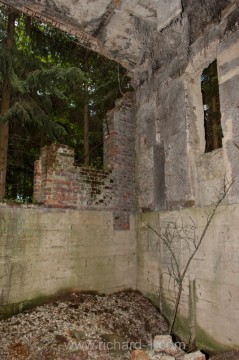 Pohled na cihlovou vyzdívku stěny včetně části dveřních a okenních otvorů. Podle dveřního otvoru lze usuzovat, že budova měla být ještě na „něco“ napojena.