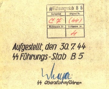 SS-Führungsstab B 5. Podpis SS-Obersturmführer Meyer – výřez z dobové mapy.