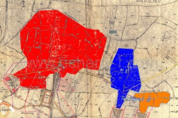 Vyznačené oblasti – hranice štol, jednotlivých dolů. Červená – Richard I. Modrá – Richard II. Oranžová – Richard III.