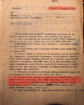 Část dokumentu ze 7. 12. 1949. Vstup do nepoužívaných částí dolu je potřeba na vhodných místech viditelně zakázati – závory, tabulky…