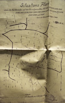 Důl Richard II. a Richard III. – situační plán zaměření podzemních chodeb promítnuté pod jednotlivými pozemky katastrální mapy pochází z 5. 10. 1938.