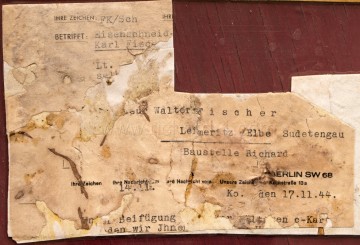 Značka odesilatele „FK/Sch“, předmět „řezání ocele“. Adresátem je Walter Fischer, Litoměřice, Elbe-Sudetengau, oddělení Richard. Datum ze 17. 11. 1944, dopis odesilatele z 14. 11. 1944.
