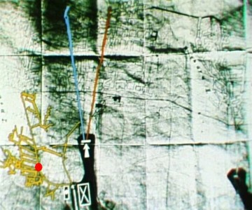 Mapa podzemí Richard I. Jsou zde vyznačeny hlavné páteřní chodby a část levé části dolu. Červený bod označuje velkoprofilový vrt Československé televize.